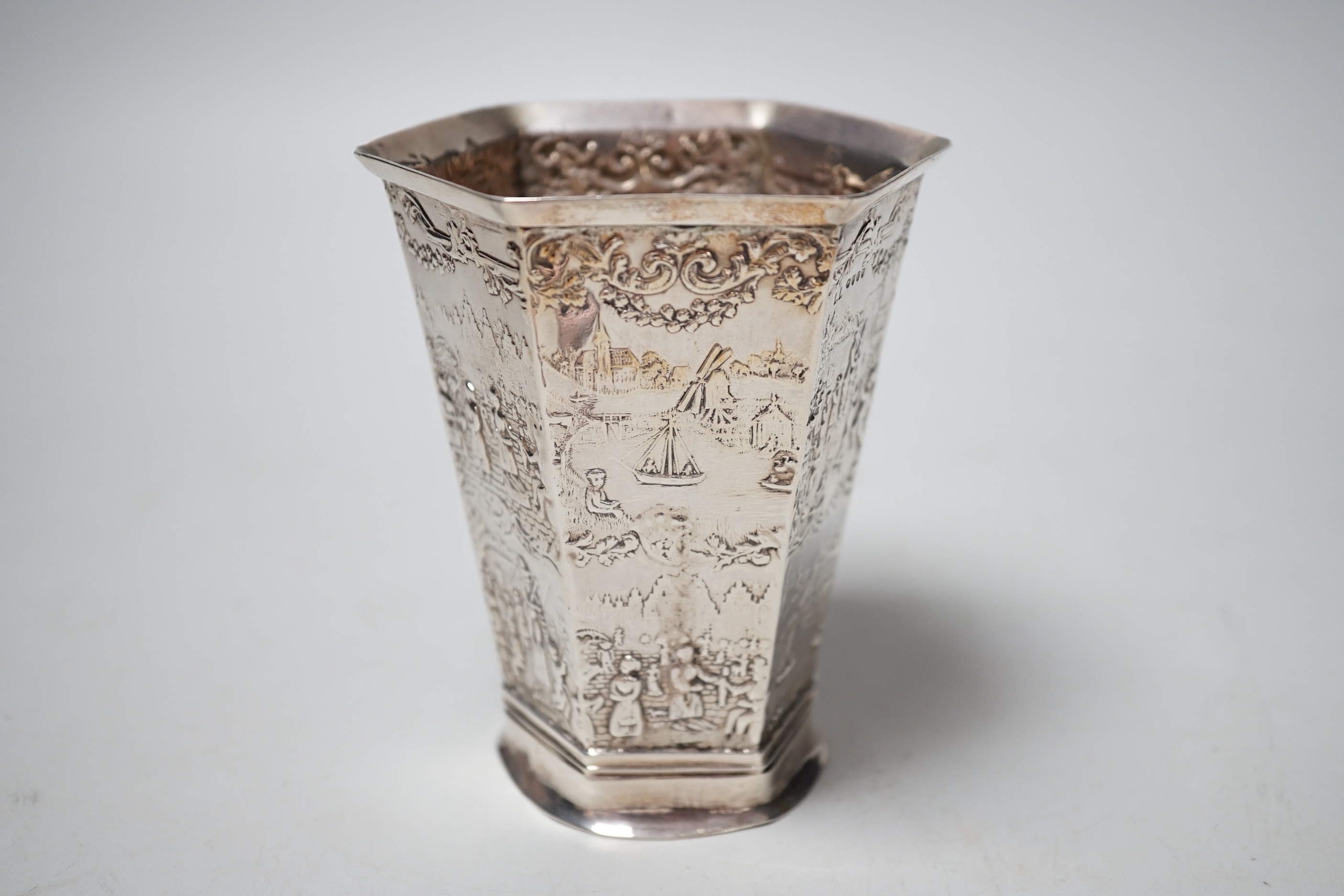 A late 19th century Dutch silver hexagonal vase, import marks for London, 1890, 11.2cm, 150 grams.